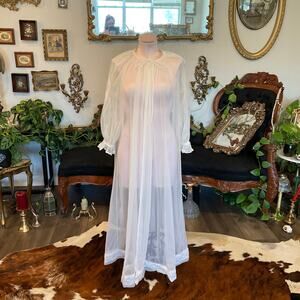 Vintage Gaymode Lace Tie-Neck Nightgown Peignoir Robe  Long Sleeve Sz M White